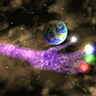 purple hand holding a planet